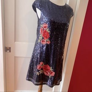 Navy Blue Sequined Dress with Floral Embroidery